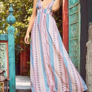 Lulu’s Pink Blue Mixed Pattern Long Maxi Dress